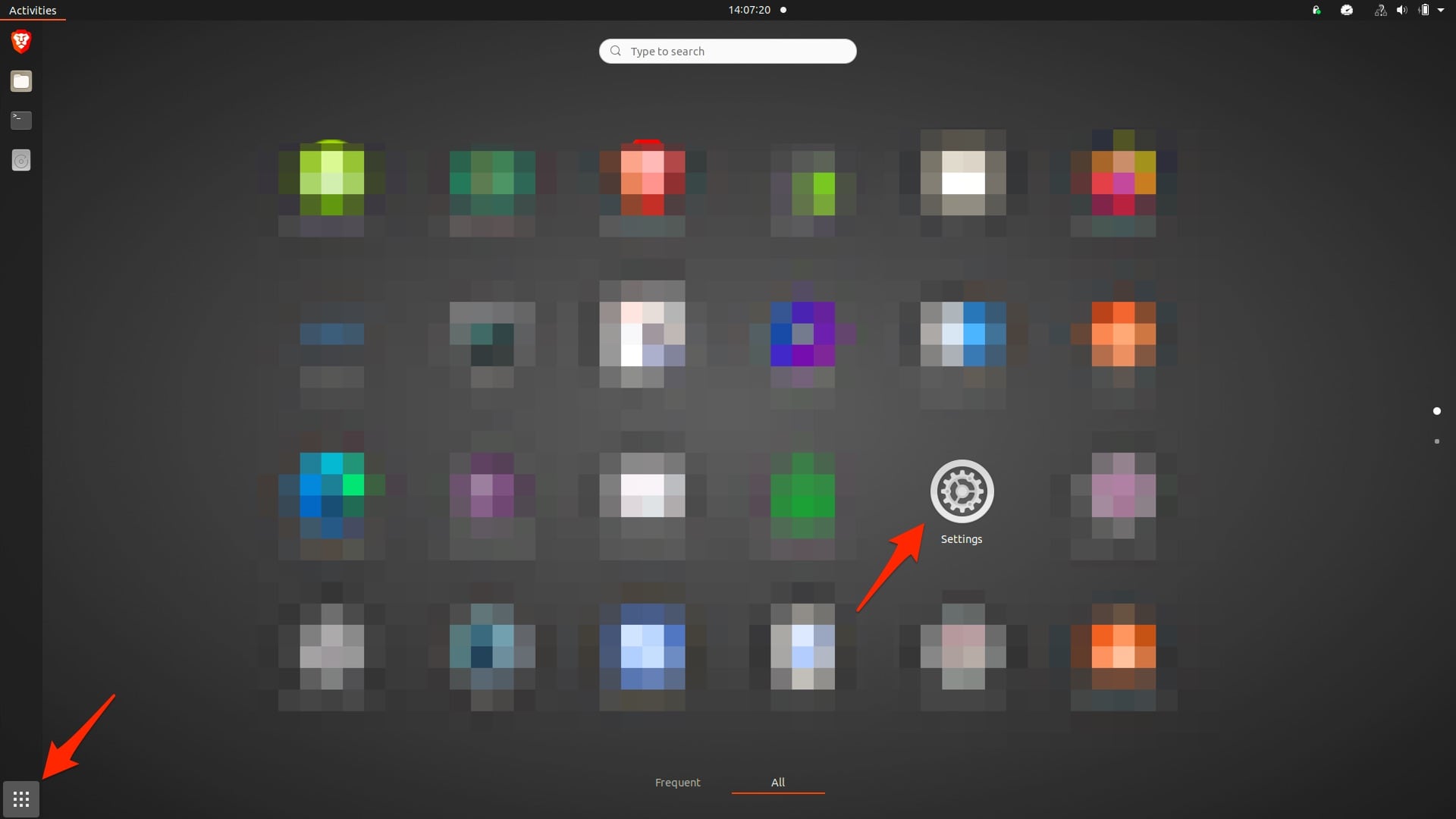 Print da tela de menu de aplicações do Ubuntu com destaque para o aplicativo Settings